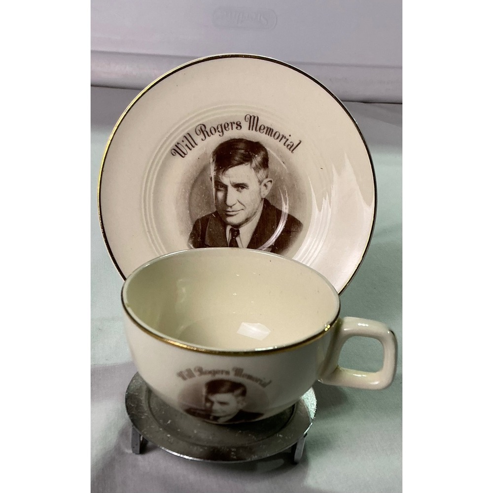 Vintage Will Rogers Memorial Claremore Oklahoma ENCO NYC Cup Saucer Souvenir